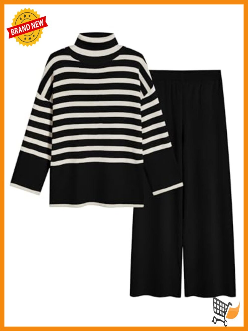 Striped Knit Sweater Set High Neck Turtleneck Wide Leg Lounge Pants 2 Piece